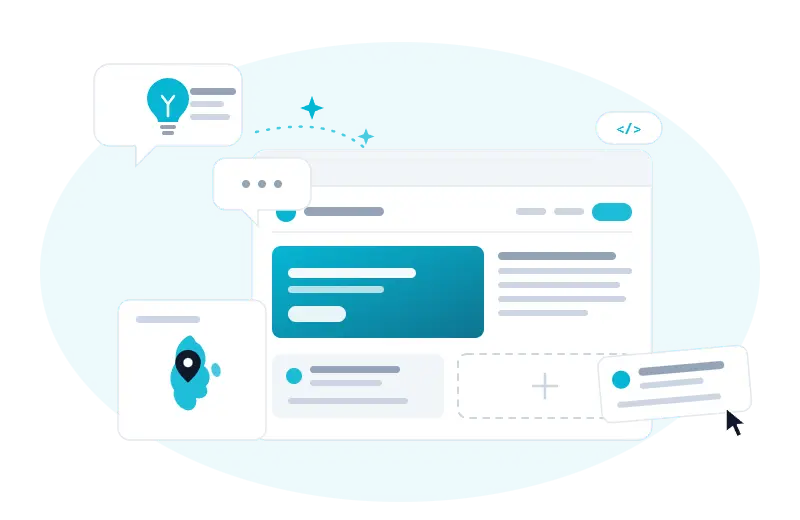 Illustration d'une présence digitale : site web, idées et notifications