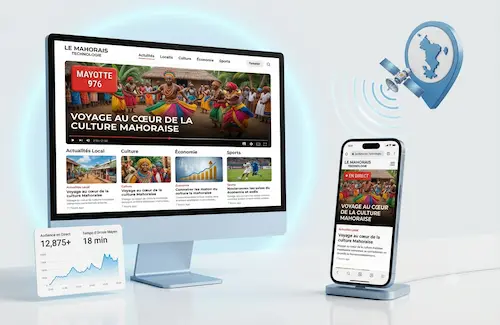 Aperçu du site Tchanga Actu sur ordinateur et mobile, avec statistiques d'audience