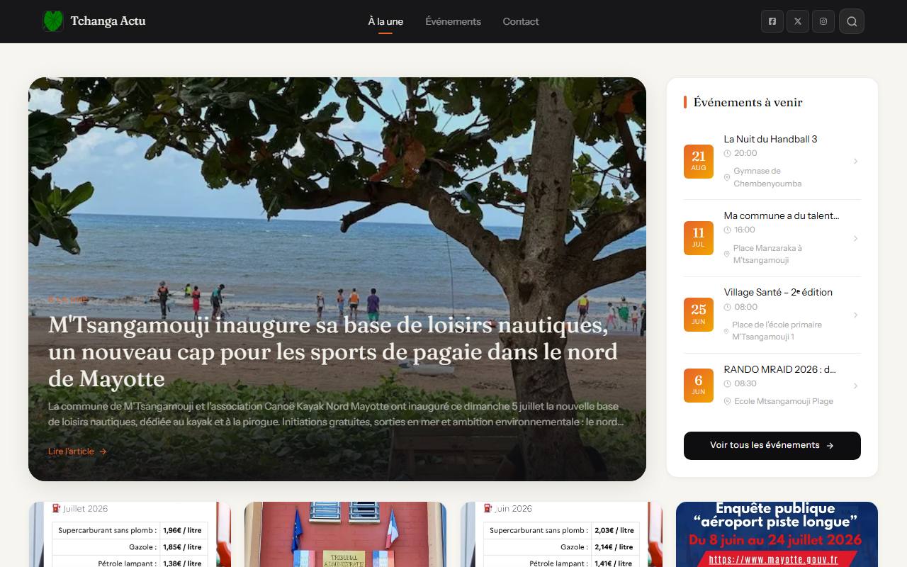 Page d'accueil du site Tchanga Actu, montrant l'article à la une, les événements à venir et les informations pratiques locales